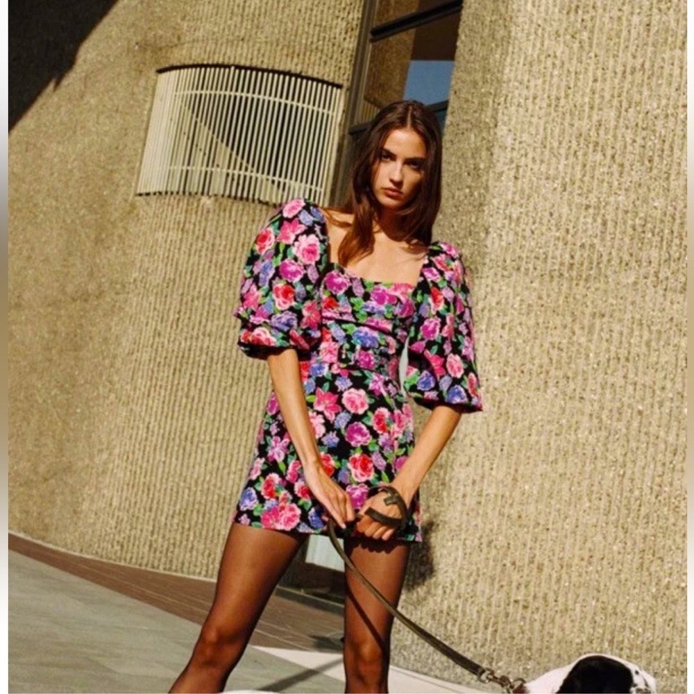 Zara Black Floral Mini Dress with Pink & Green Print